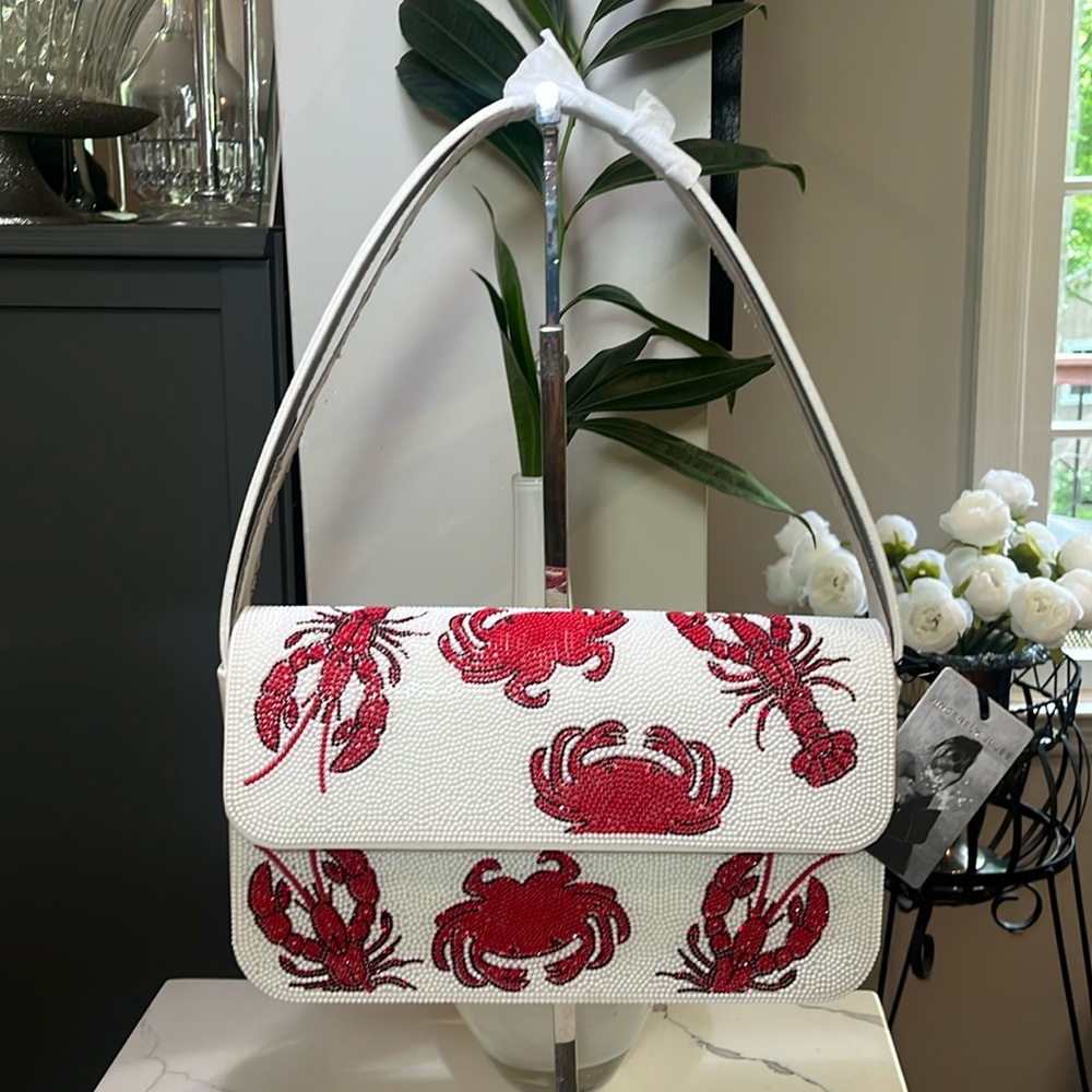 Sincerly Jules Crab Beaded Shoulder Bag with Red Crab Print & White Strap NWT